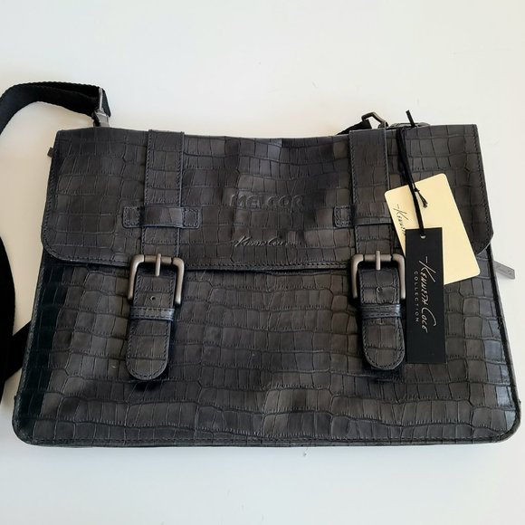 NWT Kenneth Cole Collection navy leather briefcase. - Picture 1 of 13